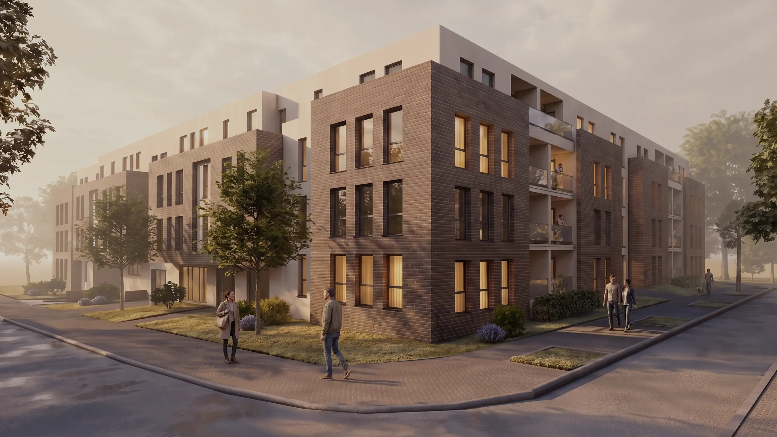 Neubauprojekt Kronwerk: Mehrfamilienhäuser mit Klinkerfassade und Balkonen an einer begrünten Straßenecke im Abendlicht